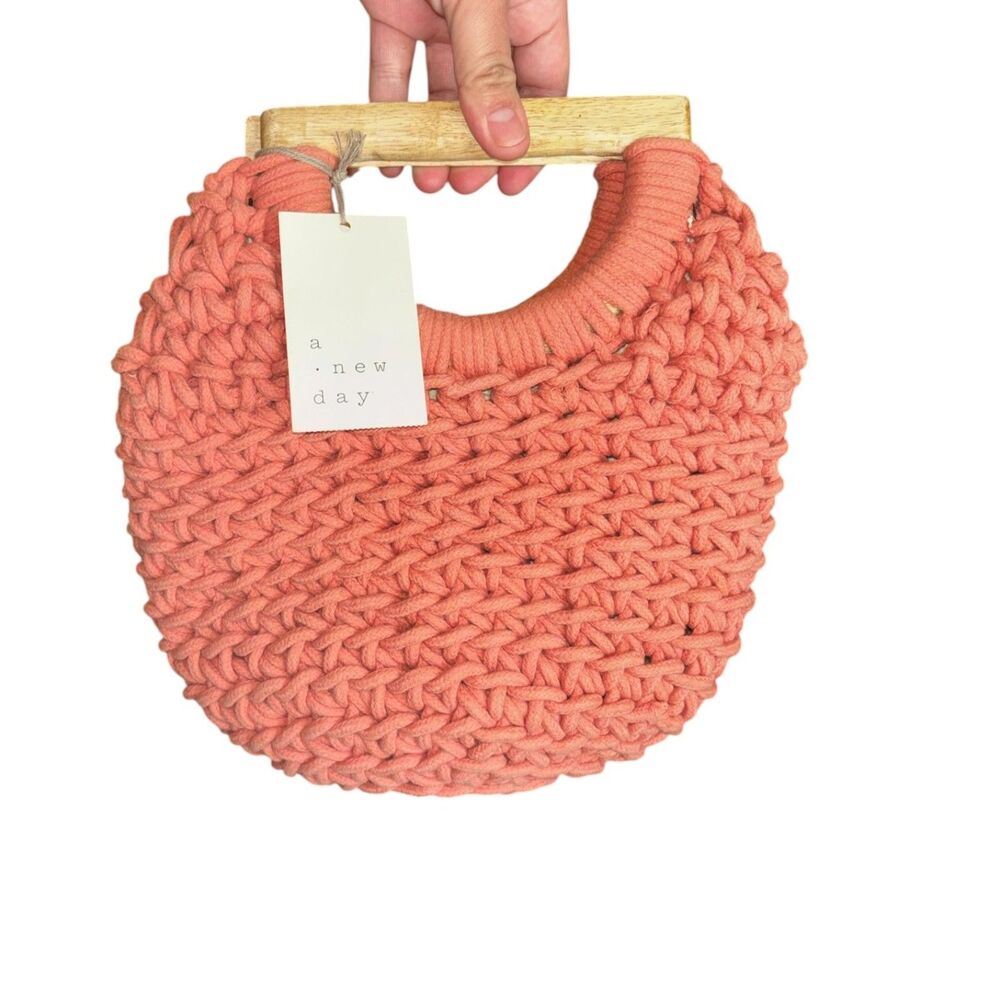 A New Day Pink Woven Handbag Wooden Handle Crochet Tote Purse